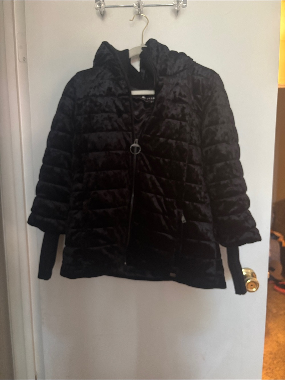 DKNY Black Quilted Hooded Velvet Puffer Jacket